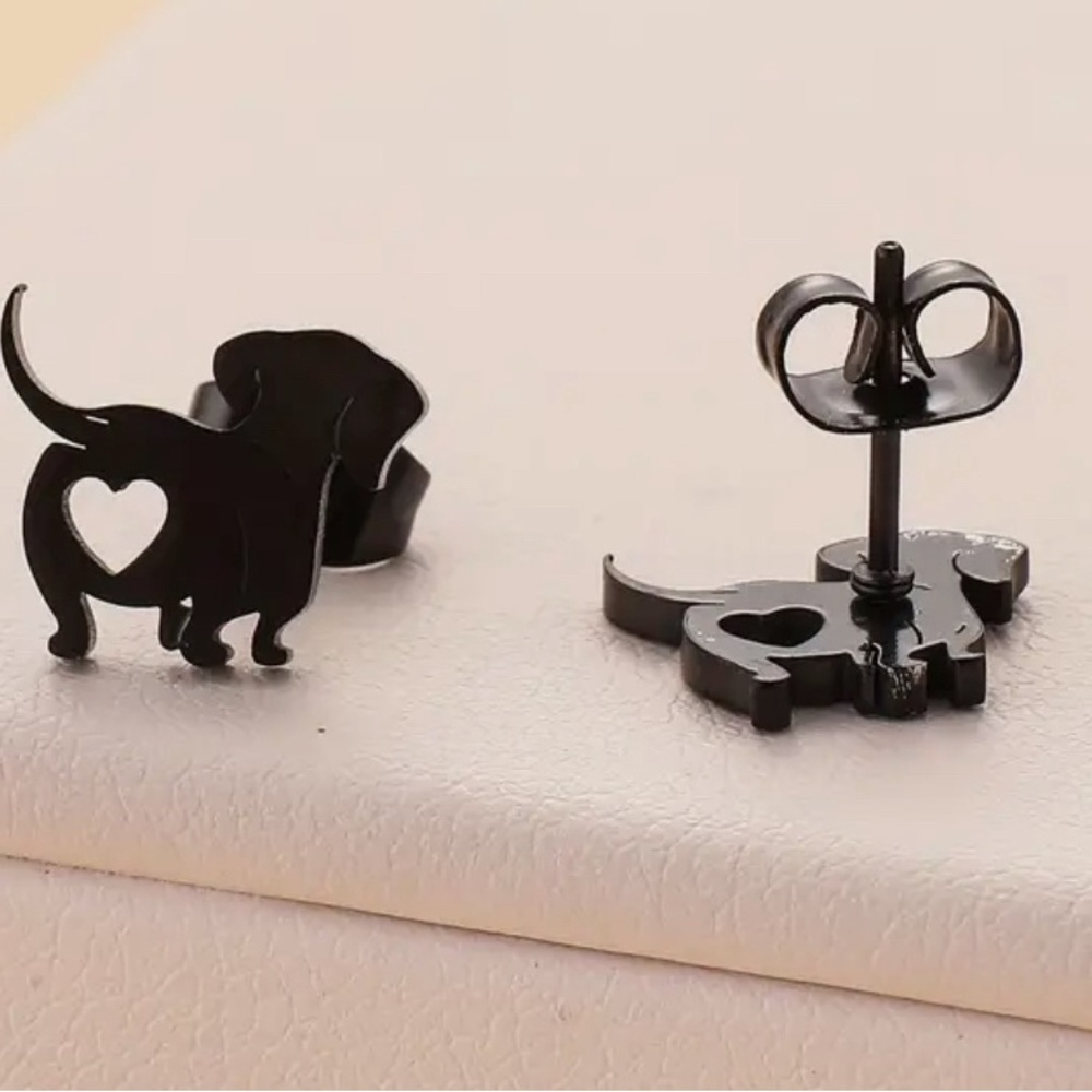 Black Dachshund Heart Cutout Stud Earrings - Women Jewelry Earrings - Picture 2 of 3